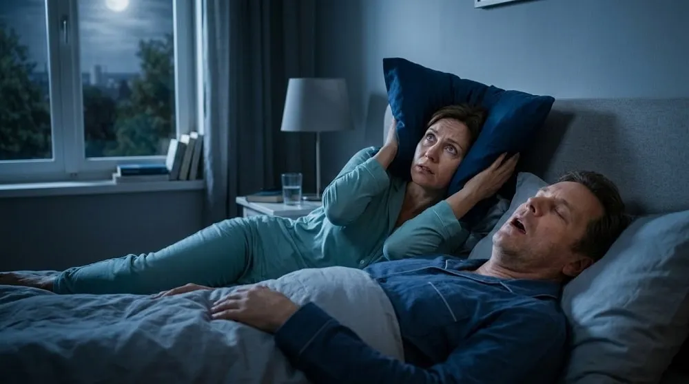 Man snoring in bed while spouse covers ears with a pillow.