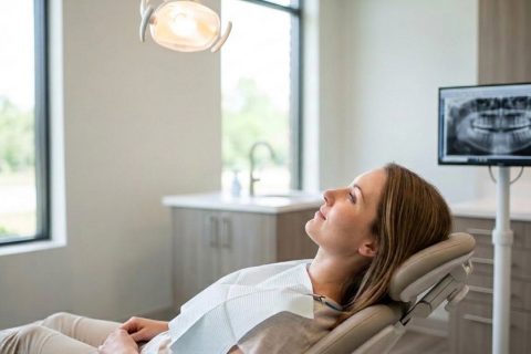 A patient sitting comfortably in a dentist's chair during a dental exam