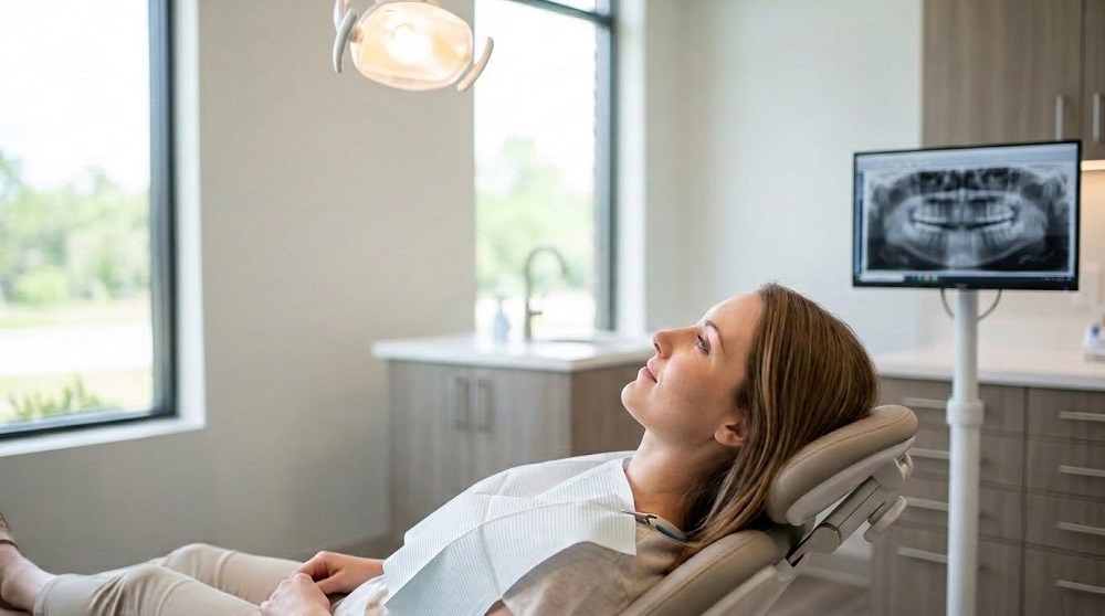 A patient sitting comfortably in a dentist's chair during a dental exam